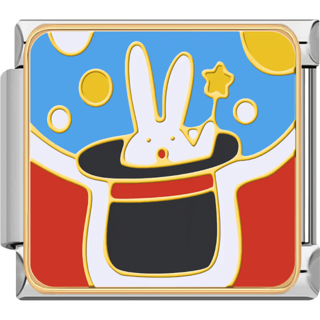 A cute white rabbit popping out of a magician’s black hat with colorful circles, set in a silver Italian charm.